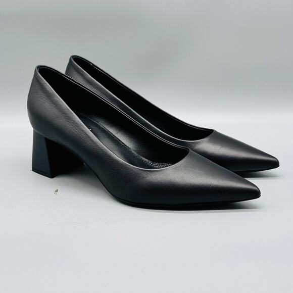 AGL Shoes Womens 8 Black Leather Pumps Pointed Toe Slip On Classic Block Heel - Picture 2 of 11